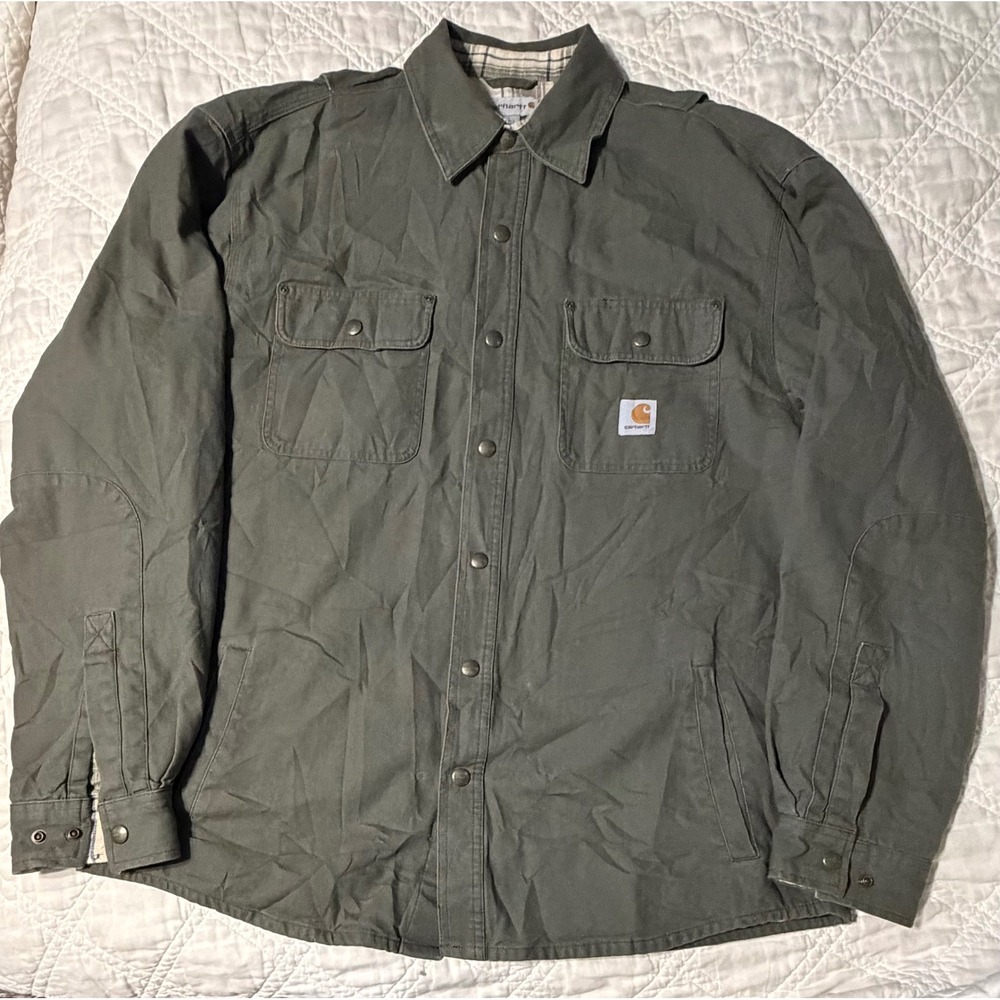 Carhartt Canvas Shirt Jacket Mens L Olive Green Flannel Lined Snap Front 100590